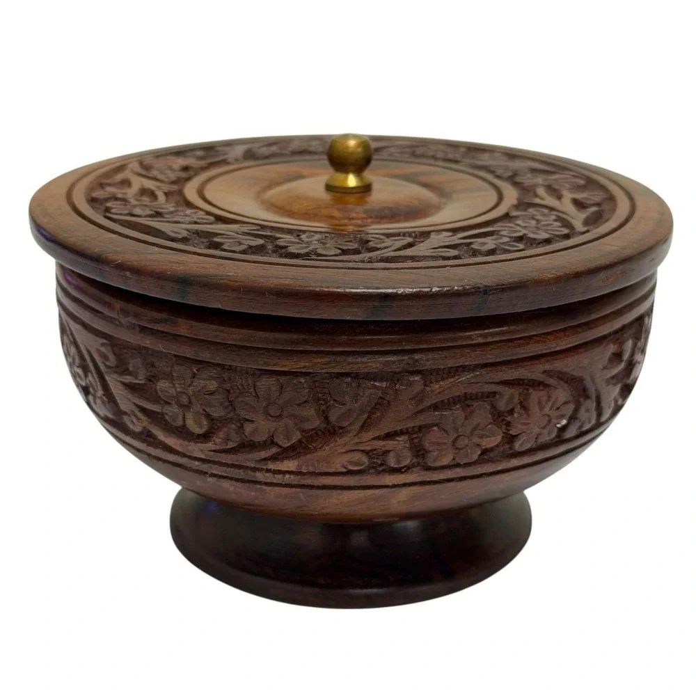 Vintage Handmade Indian Rosewood Floral Engraved Wooden Keepsake Trinket Box 3